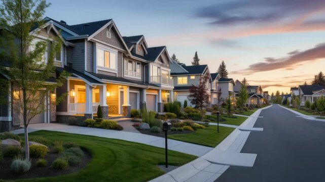 A serene suburban street at sunset, captured from a low-angle perspective, ideal for a real estate video showcasing peaceful neighborhood living. Live desktop wallpaper.