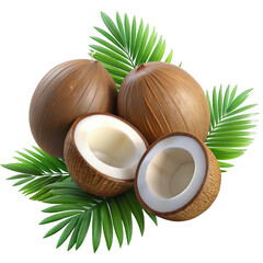 3d tropical coconuts with palm leaves isolated on transparent background