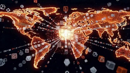 Global connections pulsing across world map with digital data stream for technology and business solutions, modern dynamic feel - Powered by Adobe