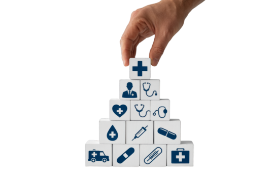 Hand Stacking Healthcare Icons on Blocks image photograph