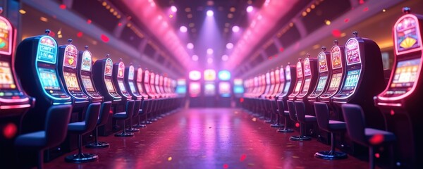 Rows of slot machines illuminated in casino. Interior with glowing lights creates glamorous atmosphere. Machines display game symbols. Red, pink shades dominate image. Casino entertainment background.