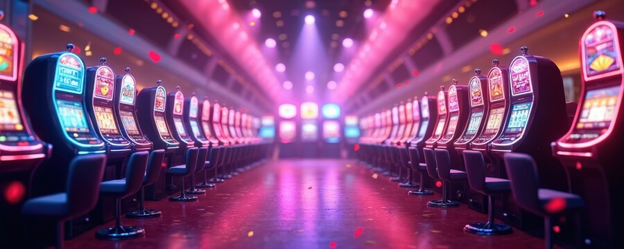 Rows of slot machines illuminated in casino. Interior with glowing lights creates glamorous atmosphere. Machines display game symbols. Red, pink shades dominate image. Casino entertainment background.