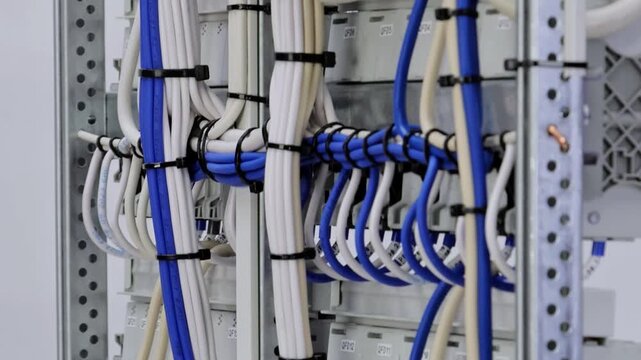 The reverse side of the electrical switchboard. The connected wires are tied with plastic ties.
