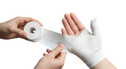 Hands applying white elastic bandage to injured thumb and hand injury medical