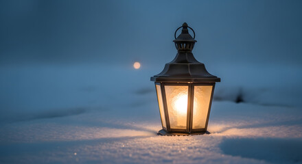 Old lantern lighting snow on the ground at dusk, surrounded by soft fog.