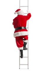 Back view of Santa Claus climbing a ladder