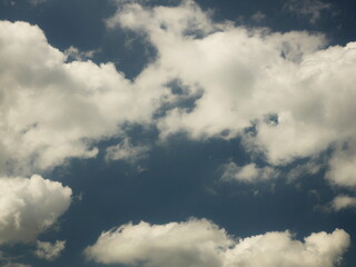 Clear blue sky with cumulus and cirrus clouds. Sunny weather. Joyful mood. High pressure. Clean air ecology. Water in a gaseous state. The source of rain and hail. Weather prediction