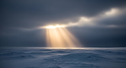 A golden beam of light piercing through heavy clouds over a snowy landscape