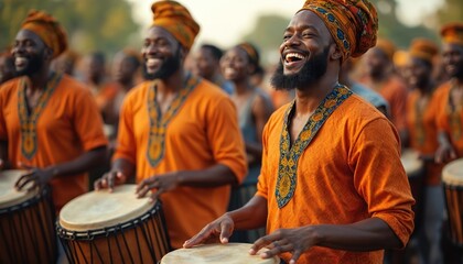 Men in orange African attire play drums outdoors at a festival. They smile joyfully while performing traditional music and dance in a cultural celebration.