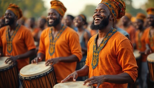 Men in orange African attire play drums outdoors at a festival. They smile joyfully while performing traditional music and dance in a cultural celebration.
