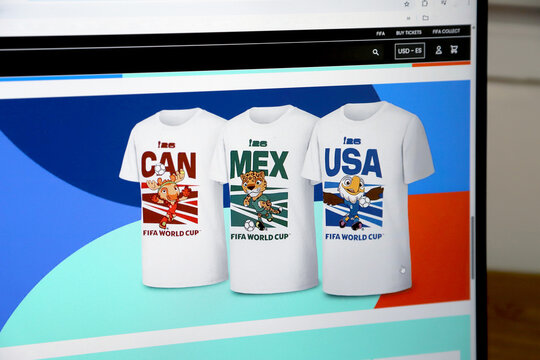 
Official website of the 2026 FIFA World Cup with merchandise including jerseys from Canada, Mexico, and the United States featuring the World Cup mascots