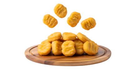 Pile of golden chicken nuggets falling onto wooden board against black background food fried