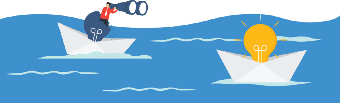 Businessman searching for new idea on paper boat. Business vision for competitive advantage and innovation concept with glowing lightbulb. Market research for business opportunity.