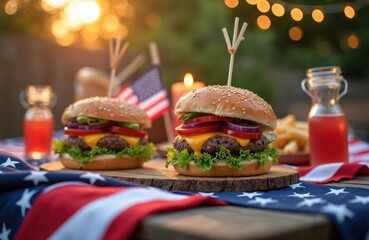 Burgers and fries served on table with American flags for Fourth of July. Festive backyard party food in summer sunlight. Celebrate national holiday with outdoor dining and drinks.