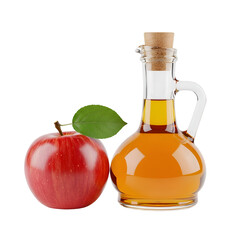 Red apple with green leaf next to glass jug of amber liquid fruit