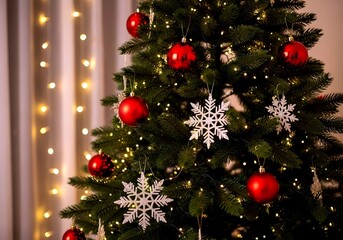 Close up of a decorated christmas tree with red ornaments and snowflake baubles against a backdrop of warm fairy lights