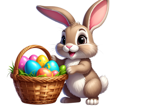 Adorable Easter Bunny Cartoon Holding Basket Full of Colorful Eggs on Transparent Background