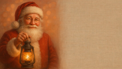 Classic style Santa Claus with lantern on warm background