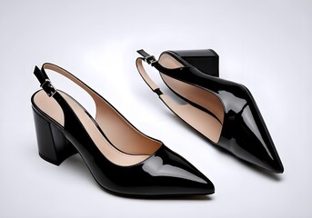 Elegant black patent leather slingback high heel shoes with pointed toes and chunky block heels studio shot on a light grey background