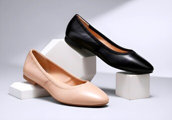 Elegant black and nude leather ballet flats displayed on geometric blocks against a softly lit studio background
