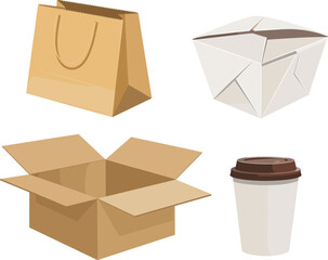 Collection of paper packaging items including cardboard box, paper bag, takeaway food container, and disposable coffee cup for eco-friendly packaging design