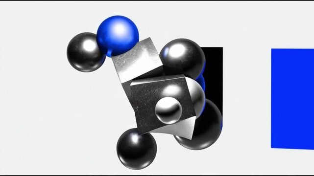 Constructivism-inspired rotating 3D metallic shapes (cubes and spheres) in a clean, high-contrast palette of silver, black, and electric blue, symbolizing economic structure.