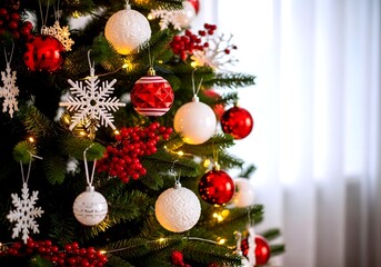 Close up of a beautifully decorated christmas tree with red and white ornaments snowflakes and fairy lights creating a festive holiday atmosphere