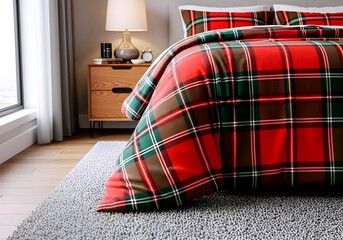 Cozy bedroom scene with a red green and brown plaid comforter on a bed and a wooden nightstand with a lamp