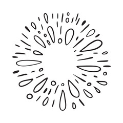 Hand-drawn burst, firework or water splash circle design. Abstract circular burst or splash made of hand-drawn teardrop and line shapes, perfect for labels, logos, or decoration