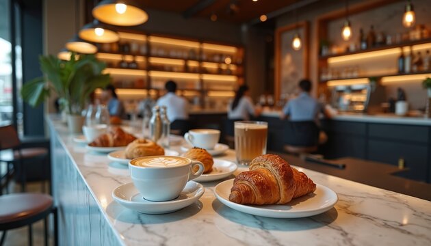 Warm cafe interior displays latte art coffee pastries on marble counter. Blurred background shows baristas serving drinks, friends enjoying relaxing coffee break. Atmosphere cozy, inviting for
