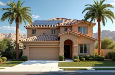 Two story tan house with tiled roof and solar panels sits by palm trees under clear blue sky. Desert mountains form background, lush green lawn in front.
