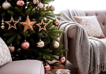 Cozy living room scene with a decorated christmas tree soft blankets and comfortable seating creating a warm holiday atmosphere