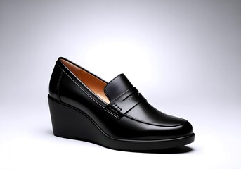 Elegant black leather wedge loafer shoe for women classic style comfortable footwear studio shot