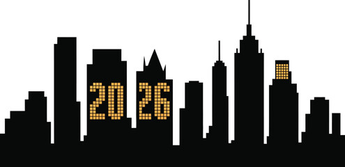 Obraz premium Black cityscape silhouette with orange 2026 numbers