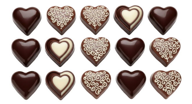 Delectable Heart-Shaped Chocolates: An assortment of heart-shaped chocolates, each one a unique work of art, with intricate designs and delicious variations that capture the essence of sweetness.