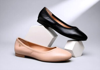 Elegant black and nude ballet flats displayed artistically on geometric pedestals with soft lighting