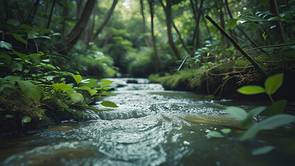 Fototapeta premium Serene forest stream with gently rippling water flowing through lush green foliage and mossy banks under dappled sunlight