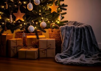 Cozy christmas tree with warm lights and wrapped presents underneath on a wooden floor with a plush blanket
