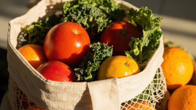 Fresh produce in a reusable bag, healthy eating and sustainable living concept