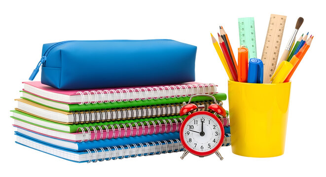 Stack of colorful notebooks with pencil cup and alarm clock school supplies