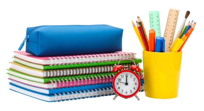 Stack of colorful notebooks with pencil cup and alarm clock school supplies