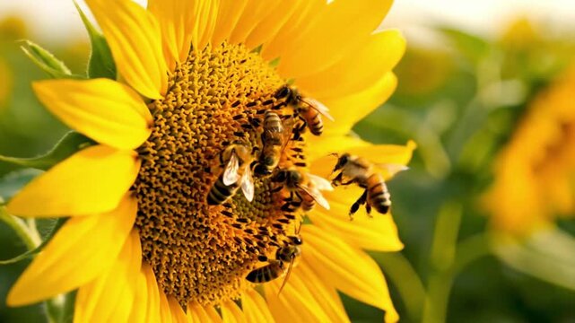Close-up of busy honey bees diligently collecting nectar and pollen from a vibrant, golden sunflower under natural daylight, highlighting essential pollination work in a sunlit field