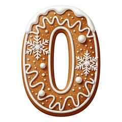 Festive Gingerbread '0': A delightful gingerbread cookie in the shape of the number 0 is adorned with delicate white icing, snowflake details, and charming sprinkles, evoking warmth.