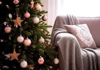 Cozy living room scene with a decorated christmas tree and a comfortable sofa draped with a knitted blanket and pillows