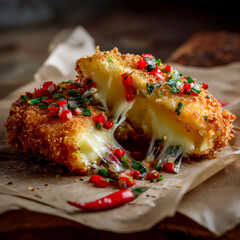 Fried cheese cut open with cheese pull, golden crust, crunchy texture, and chopped red and green chillies
