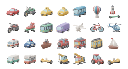 Cartoon transportation vehicles set car motorcycle bus taxi train plane boat helicopter bike rocket transport