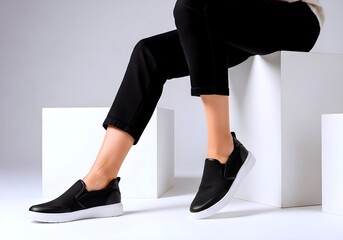 Stylish woman wearing black slip on sneakers with white soles sitting on white cubes against a light gray background