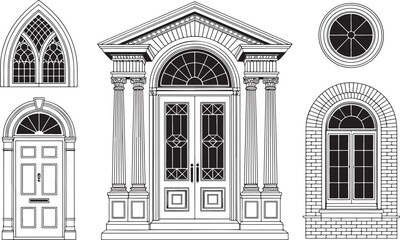 Architectural Elements Vintage Doorways and Windows Black and White Line Art Keywords: architectural elements, doorway, door, window, arch, gothic