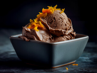 orange chocolate ice cream with candied orange zest decorations