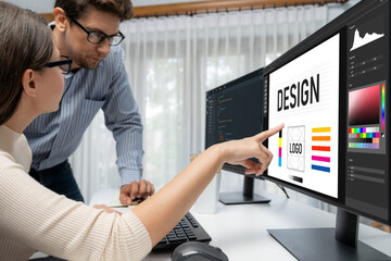 Graphic designer software for modern design of web page and commercial brisk ads showing on the computer screen